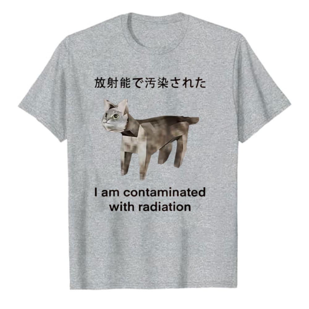 Weird Low Poly Contaminated Cat Japanese Text Print Tshirt Unisex Cotton Retro Meme Tee Streetwear Loose Hip Hop Daily Wear Tops