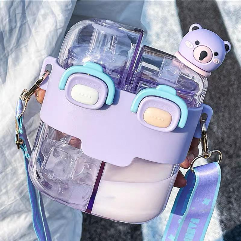 Large Capacity Straws Plastic Water Cup Rietjes Plastic Children's Kettle Cute Compartment Double Drink Cup Crossbody