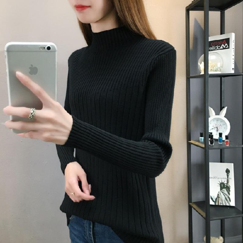 Autumn Winter Slim Casual Fashion Half High Collar Sweater Women Solid Color All-match Bottomed Knitting Tops
