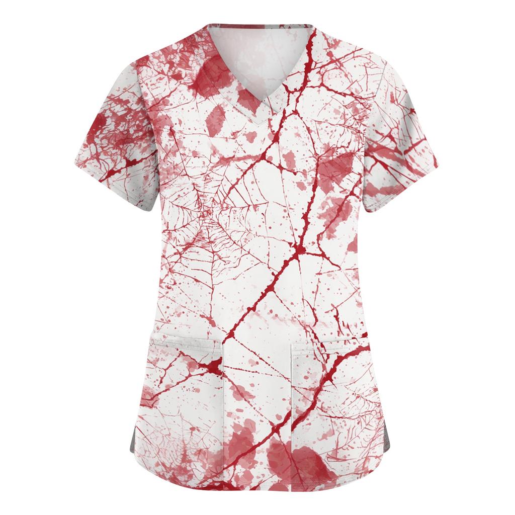 Women's V Neck Short Sleeve Work Top with Pockets Halloween Print Medical Uniform Shirt for Caregivers and Healthcare Professionals