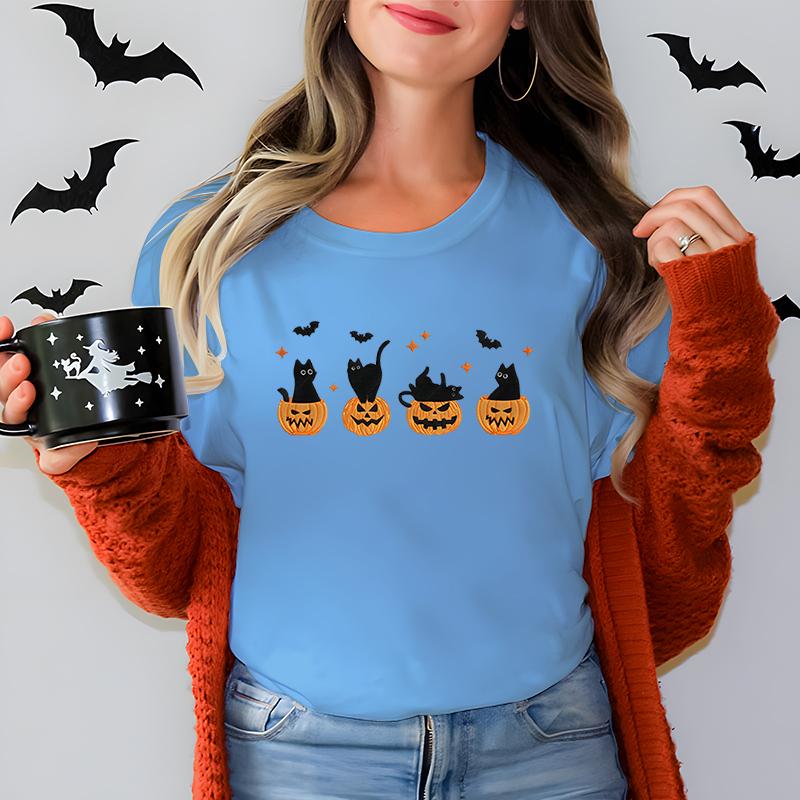 Black Cat Pumpkin Graphic T Shirts Women Trendy Halloween Retro Essential Classic Tops Cat Lover Spooky Season Halloween Tshirt