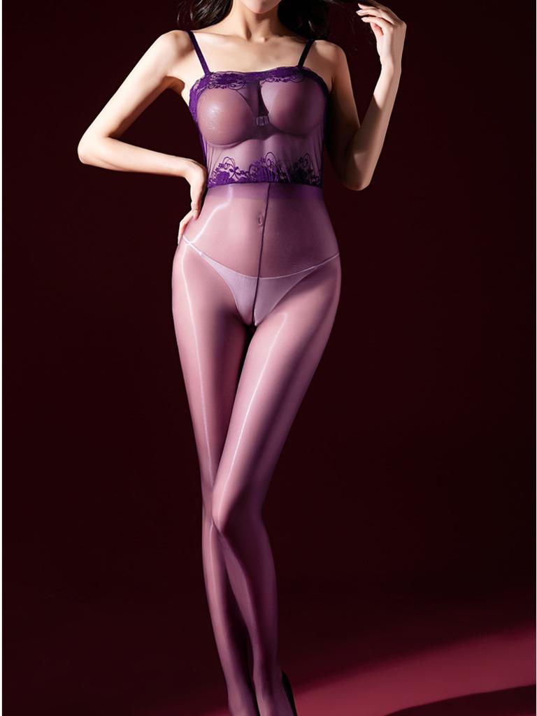 Lace Strapless Shiny Silk Stockings One-Piece Transparent Sexy Black Silk Open Cut Jumpsuit For Women Rompers Body Suits 3Mr0