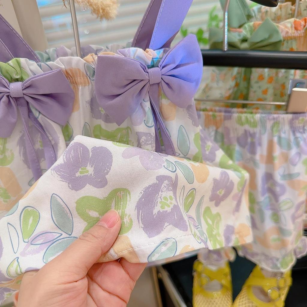 Girls' Summer Bow Strap Dress & Shorts Set - Stylish Vacation Outfit