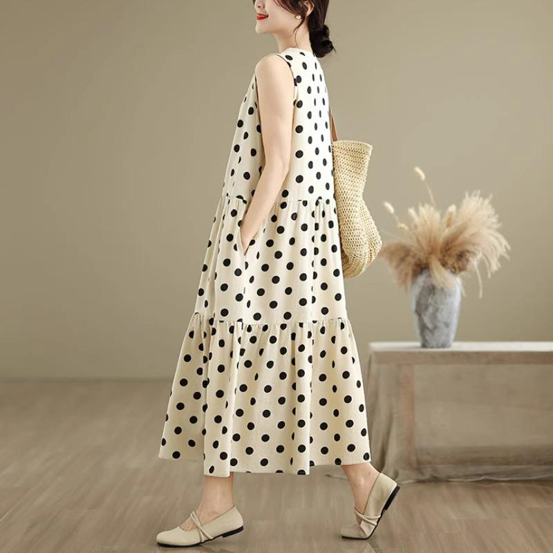 Women's Plus Size Polka Dot Sleeveless Cotton-Linen Dress - French Style