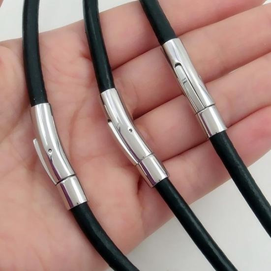 Mens Boys Faux Leather Cord Lock Necklace Stainless Steel Black Round Jewelry