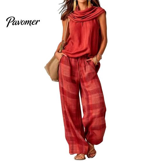 Casual Sleeveless Top Women Pants 2-Piece Set, Summer Ruffle Mock Neck Vacation Wear & Plaid Wide Leg Pants, Vintage Loose Outfit Set Relaxed