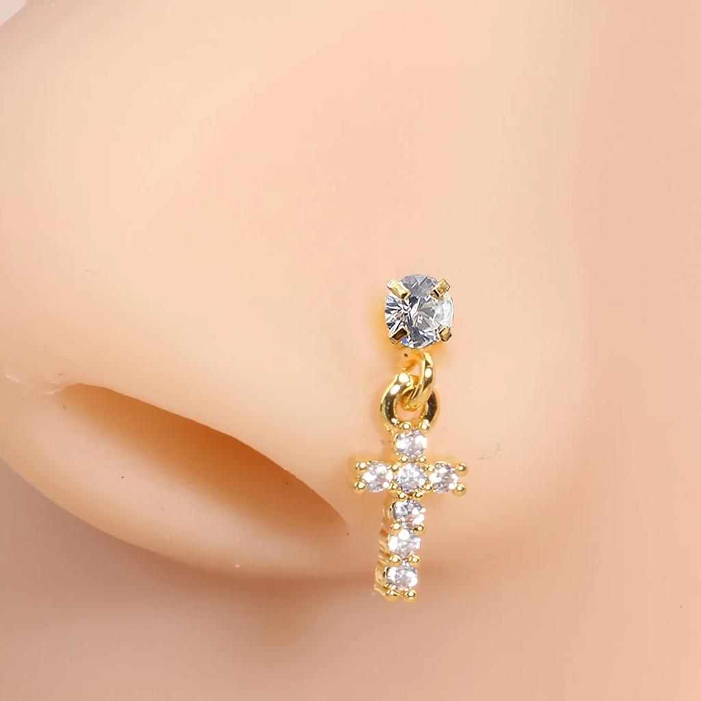 1pc L-Shaped Nose Ring Piercing - Stainless Steel Hypoallergenic 5-Petal Flower Pendant, French Nose Stud for Women