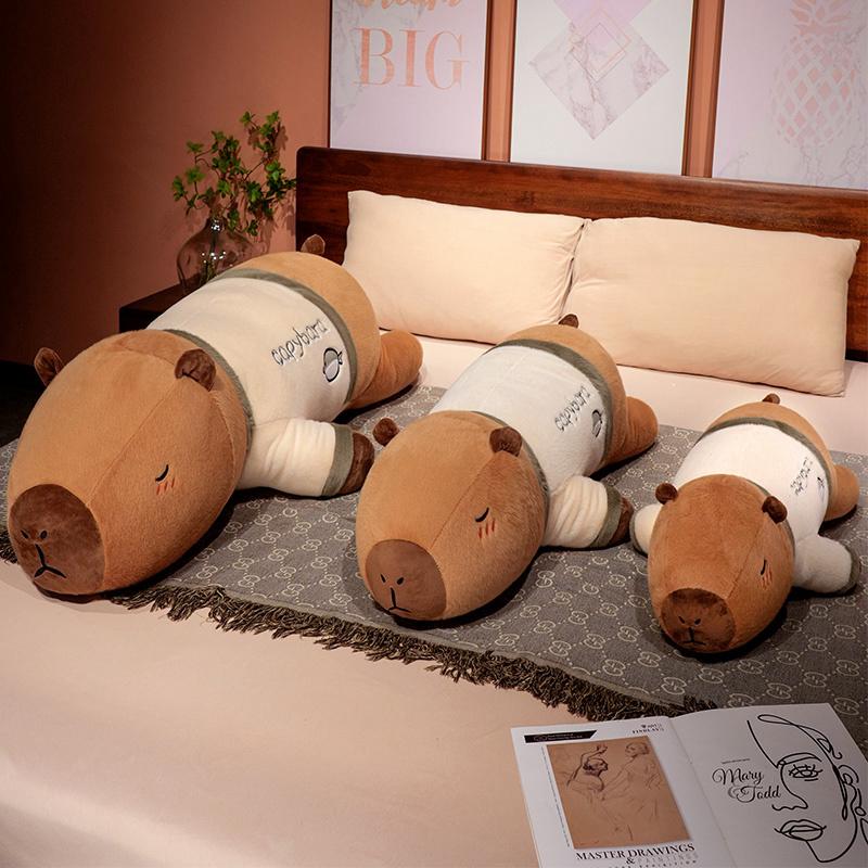 75/100cm Cute Giant Cartoon Capybara Plush Doll Throw Pillow Wear T-shirt Lying Capybara Plush Toy Home Decor Soft Hug Best Gift