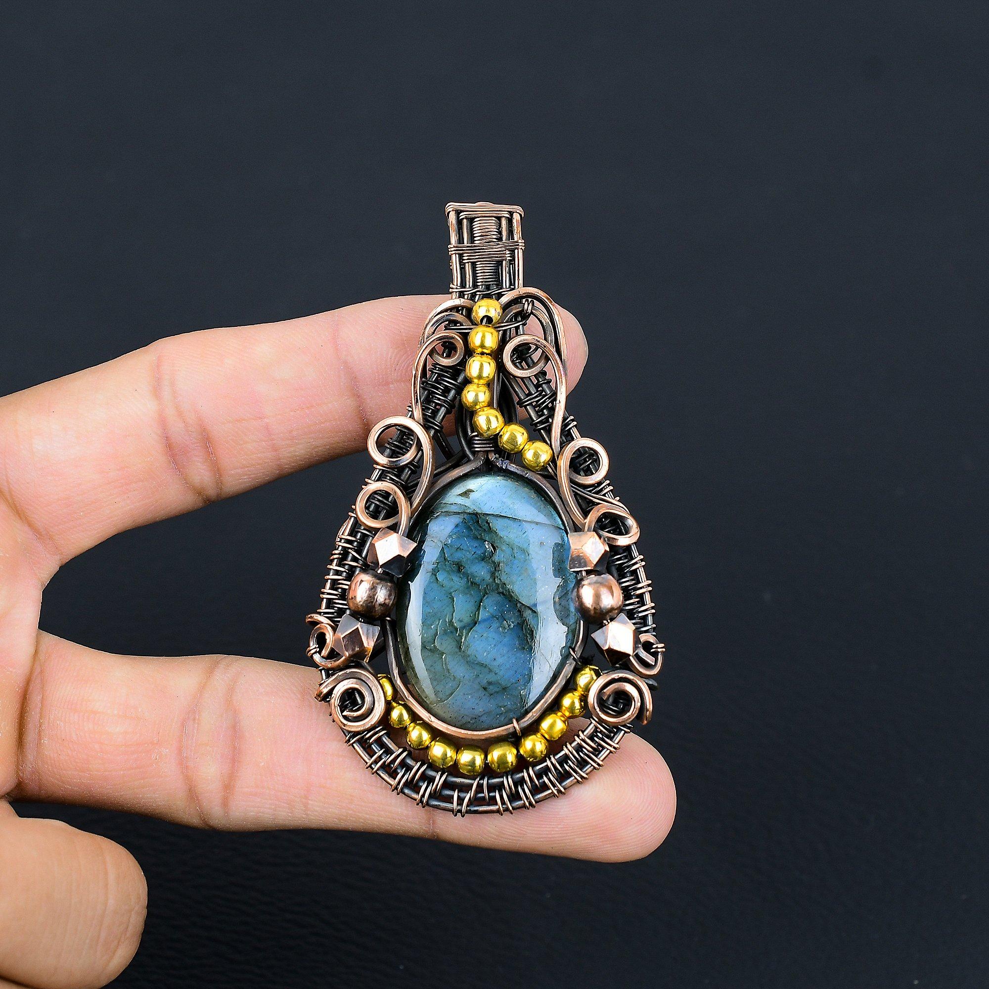 

Подвеска из лабрадорита, Подвеска ручной работы, обернутая медной проволокой 999 пробы, Антикварное украшение, Для подарка, Серебряное украшение 2.55 Inches