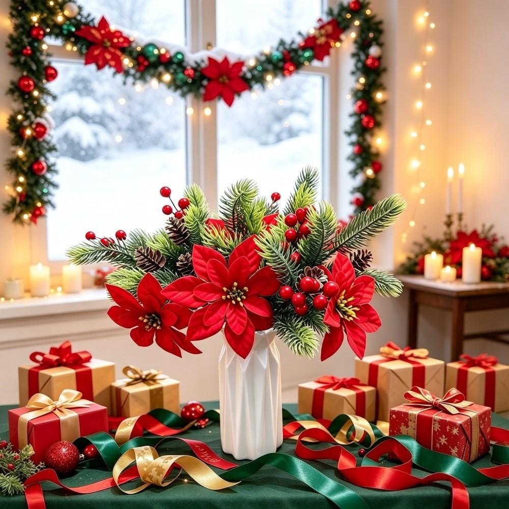 Red Berry Christmas Pine Branches Green Pine Leaves Decorative Flower  Home Decoration