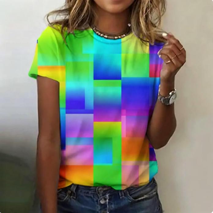 Round Neck 3D Colorful Printed Fashionable Casual Short Sleeved Women's T-shirts - Soft Medium Stretch Polyester Fabric Summer Relaxed Fit Clothing