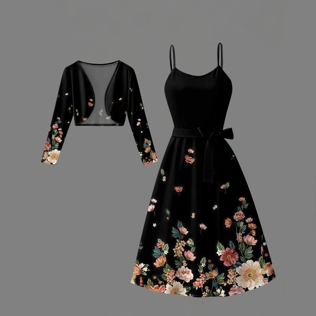 Women's  Fashionable And Casual Long-sleeved Short Cardigan Top + Belt + Strappy Dress Set