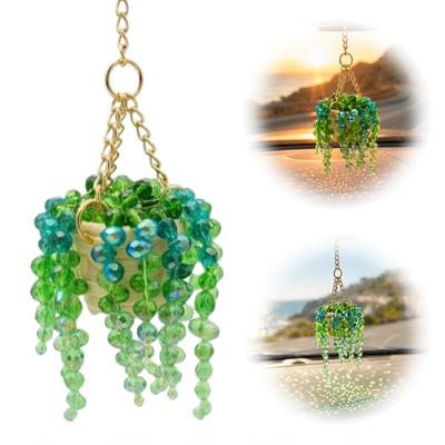 Beaded Plant Car Hanging Ornament, Artificial Rearview Mirror Charm, Green Crystal Pendant for Car Interior, Boho