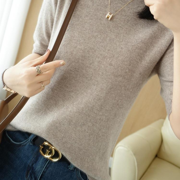 New Spring Short-sleeved Autumn and Winter Sweater Sweater V-neck Half-sleeve Trendy Versatile Korean Style Loose Bottoming Shirt T-shirt for Women