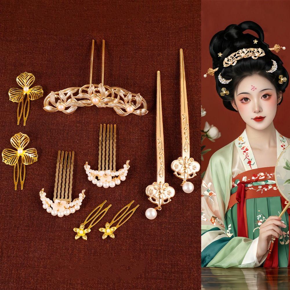 1 Set Chinese Style Ancient Hair Stick Pearl Flower Hair Comb Vintage Hanfu Hair Accessories  Women