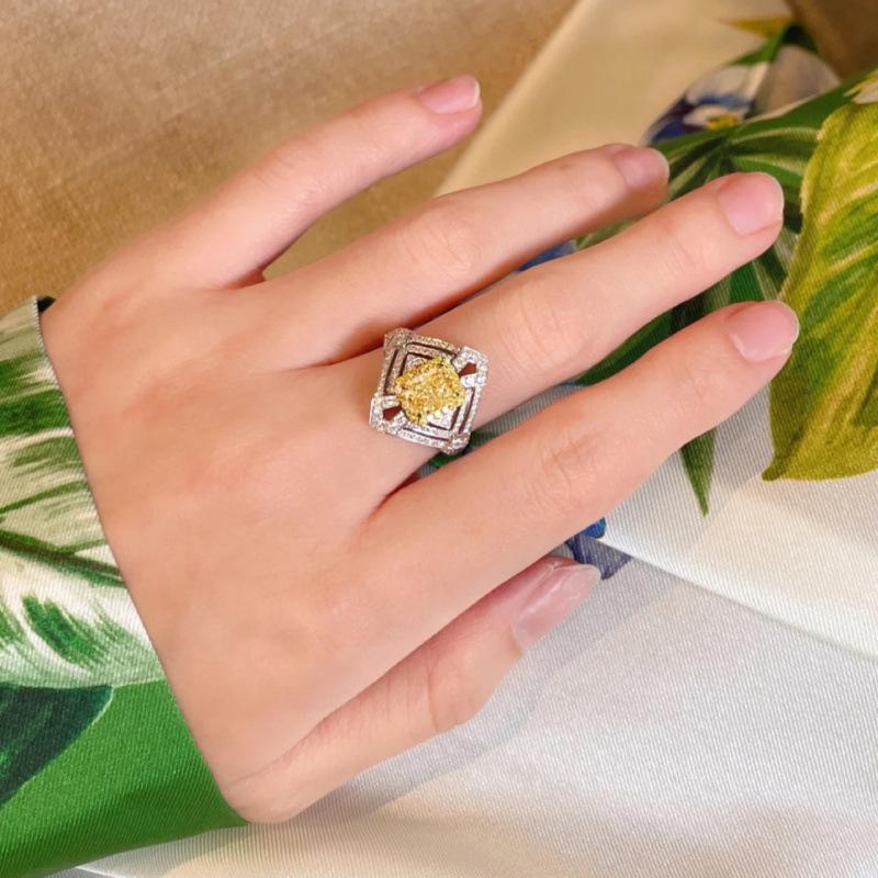 Elegant Sparkling Rhombus Yellow Diamond Zirconia Open Adjustable Ring for Women - Luxurious Gemstone Jewelry Open Adjustable