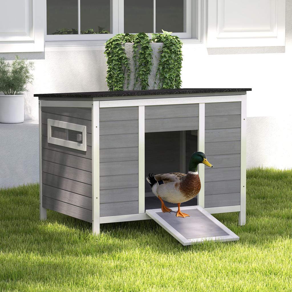 Duck Coop, Weatherproof Wooden Duck House with Removable Floor, Sliding Window, Hinged, Asphalt Roof, 93 X 70 X 72 Cm, Grey
