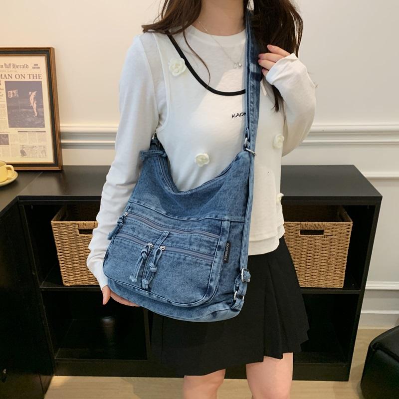 Vintage Denim Tote Bag Multi-Pocket Commuter Shoulder Crossbody Bag