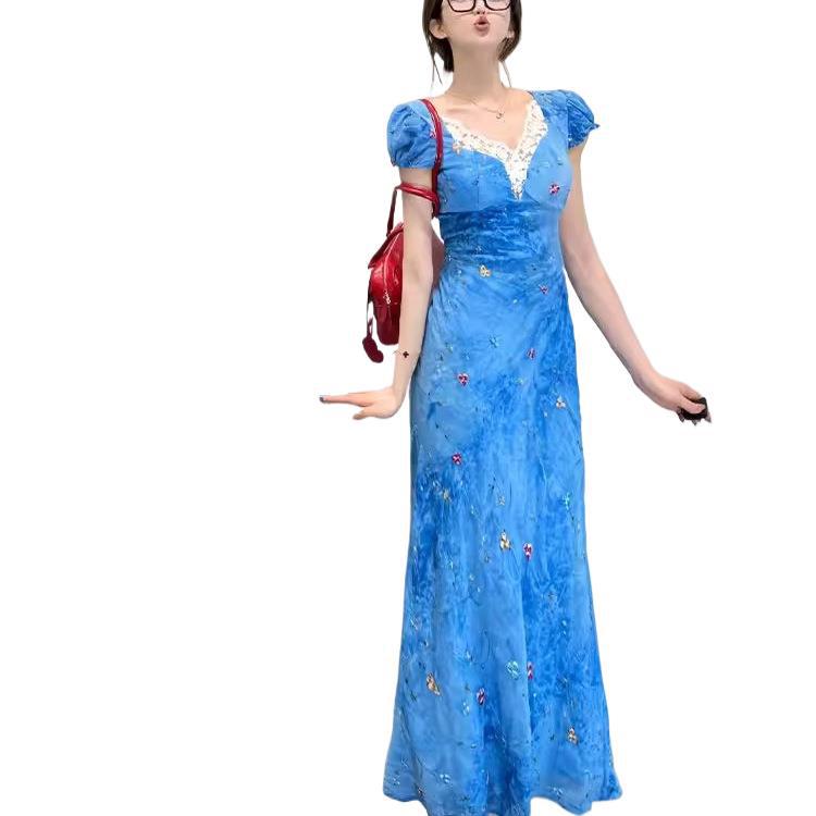 French beautiful temperament waist short-sleeved dress women's summer new v-neck fungus edge coffee break long skirt
