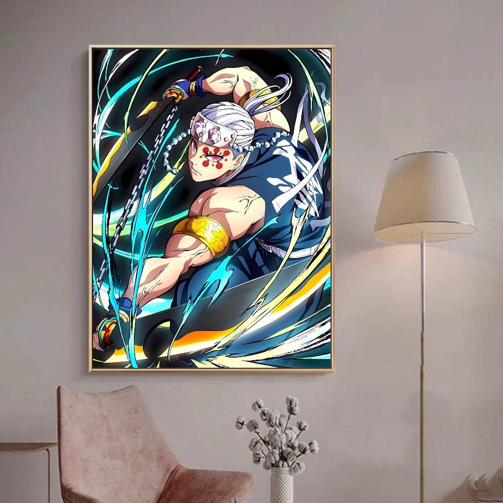 Japanese Anime Demon Slayer Self-adhesive Art Poster Retro Kraft Paper Sticker DIY Room Bar Cafe Stickers Wall Painting