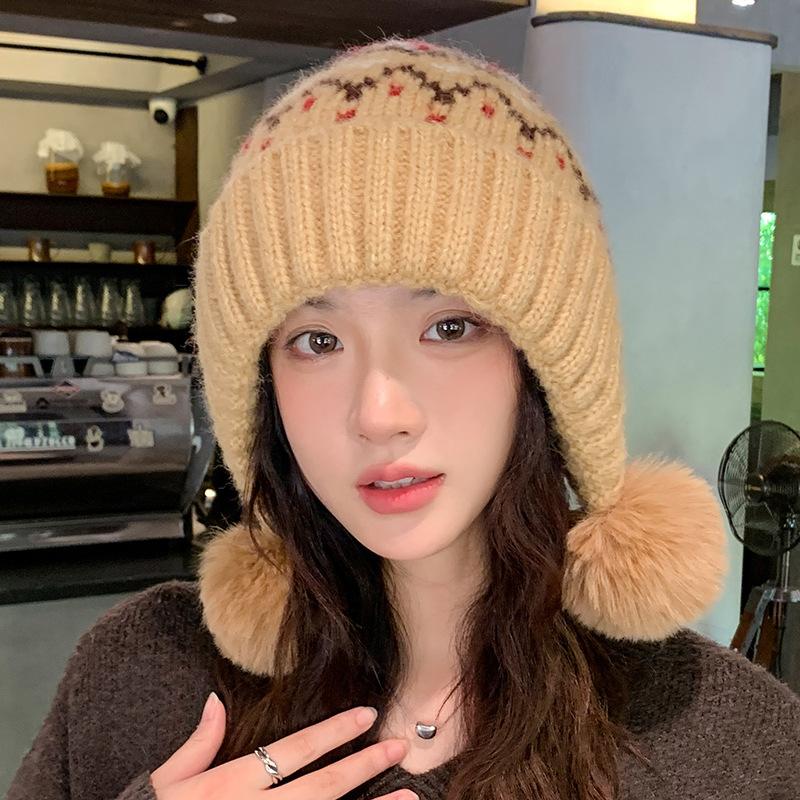 New Fair Island Wind Autumn and Winter Female Cute Ear Protection Wool Hat Outdoor Hairball Warm Ski Cold Knitted Hat