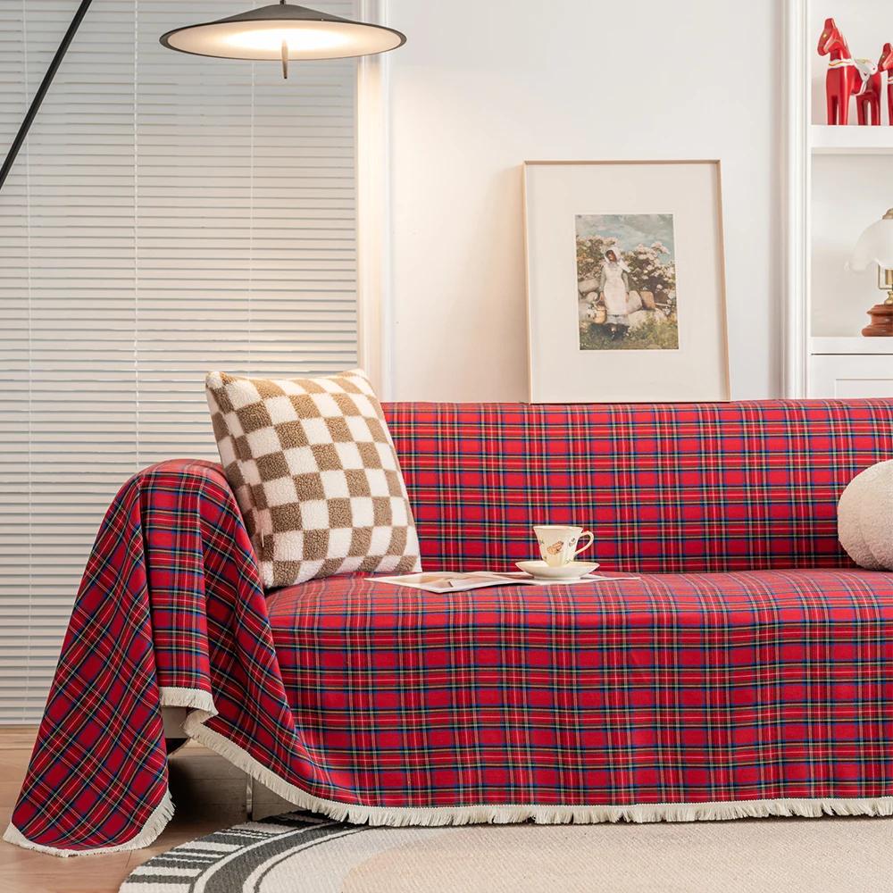 

Рождественский декор, чехол для дивана, полотенце, винтажный, красный, зеленый, клетчатый, многофункциональный, с кисточками, чехол для полотенца, подушка для сидения на диване 3-х местный 180x340cm