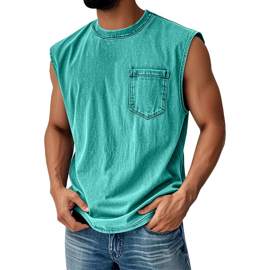 Men Sleeveless Muscle Tank Top Crew Neck Casual Pocket Design Relaxed Fit Vintage Style Shirt for Summer Daily Wear