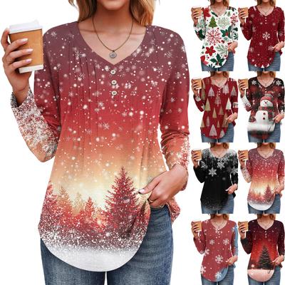 Damska Moda Casual Świąteczny Nadruk Choinki Dekolt V Ozdobny Guzik Długi Rękaw T-Shirt Top