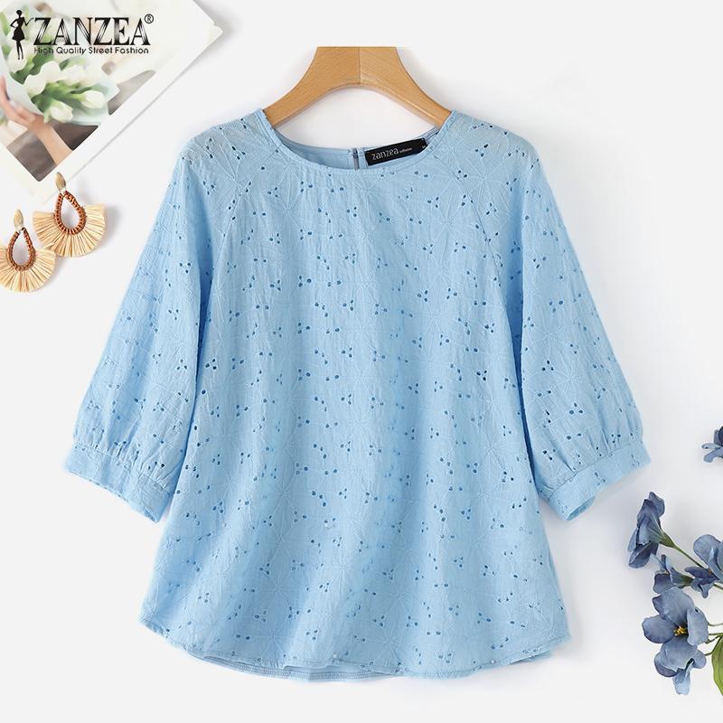 

ZANZEA Женская повседневная кружевная лоскутная блузка с круглым вырезом и рукавами 3/4