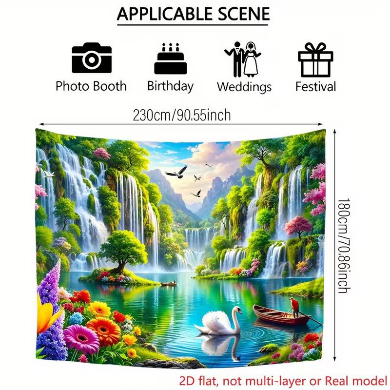 2D Fairy Lake Waterfall Backdrop Colorful Flowers Swan Tapestry for Festival Decoration