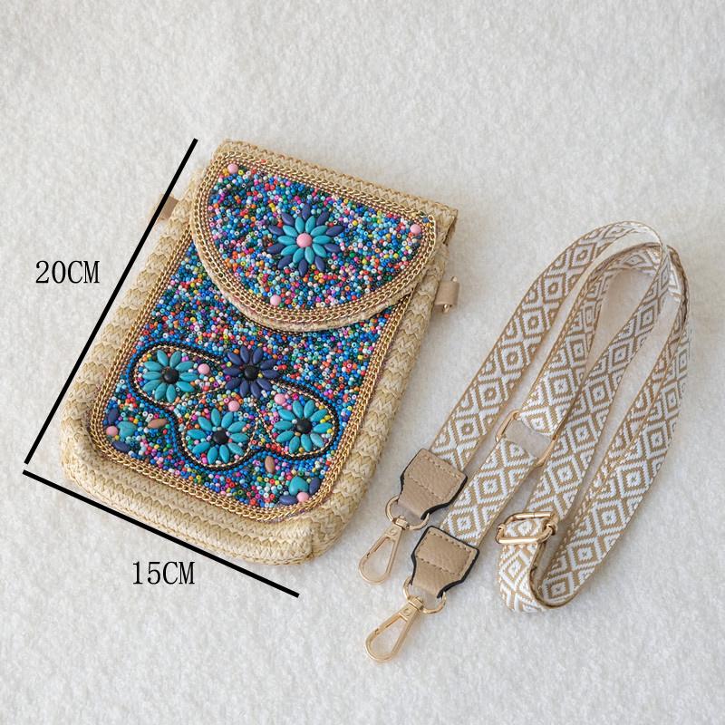 Women Fashion New Straw Woven Crossbody Bag Boutique Beaded Bag Versatile Mobile Phone Bag Cute Unique Shoulder Travel Small Bag