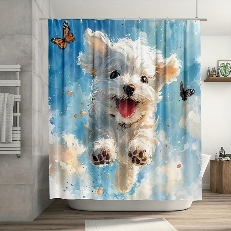 

Cute White Puppy Shower Curtain - Running With Butterflies & Clouds, 71X71 Inch Polyester, Hand Wash, Summer Bathroom Decor W60H190(CM)-1 Pcs