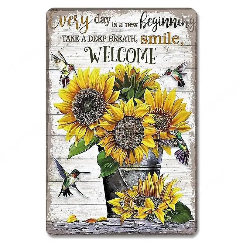 D Flat Metal Sign Vintage Welcome Garden Tin Sign Set Rustic Home Decor Butterfly Flower Watering Can Wall Art