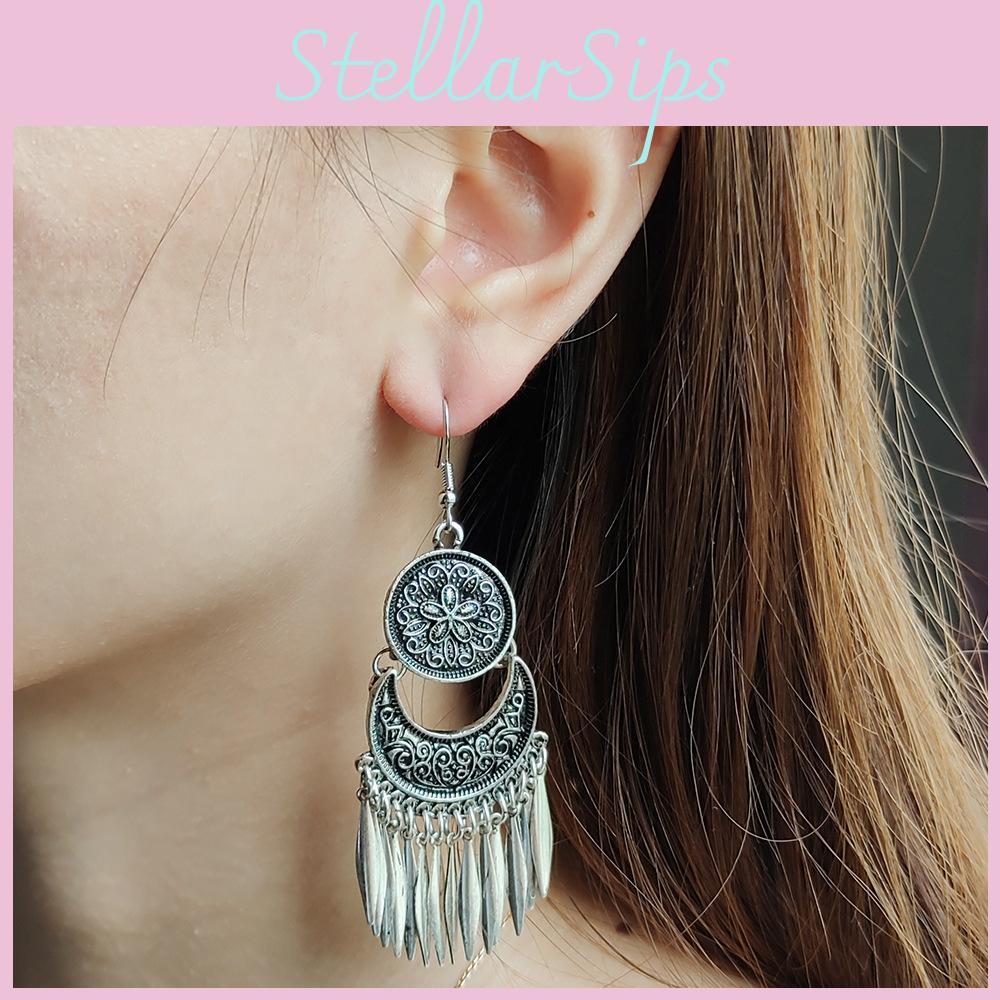 Vintage Alloy Long Dangle Earrings With Silver Finish For Travel And Celebration