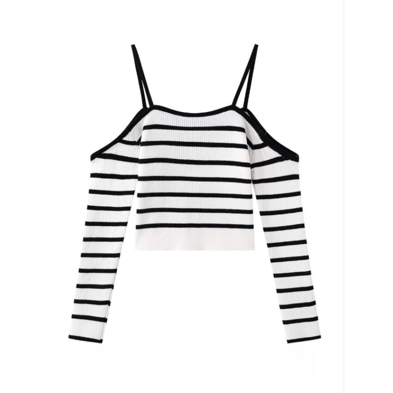 A Unique and Distinctive Off-the-shoulder Striped Knitted Sweater with A New Design Sense, A Fitted Short Long-sleeved Sweater Top