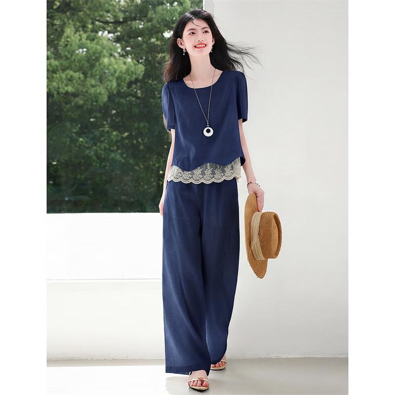 Women's Lace-Spliced Linen Blend Two-Piece Pants Set