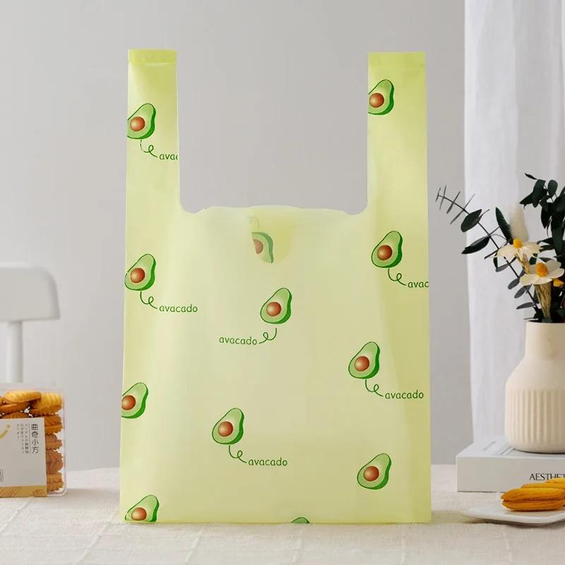 50pcs Disposable Peach Fruit Pattern Hand Bag Packaged Flower Takeaway Bags Snack Double Ear Plastic Vest Handle Shopping Pouch
