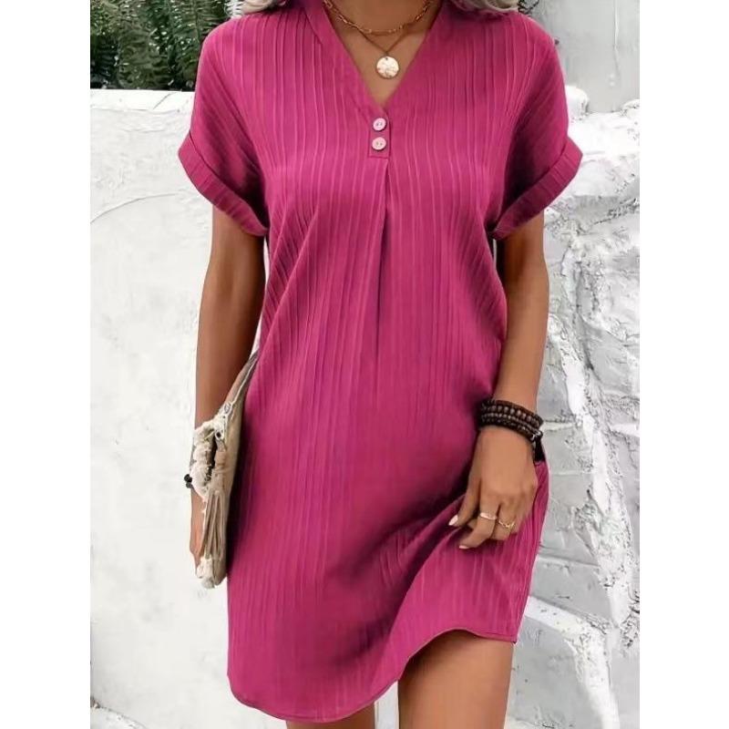 Women's V-neck Solid Color Pullover Casual Button Dress