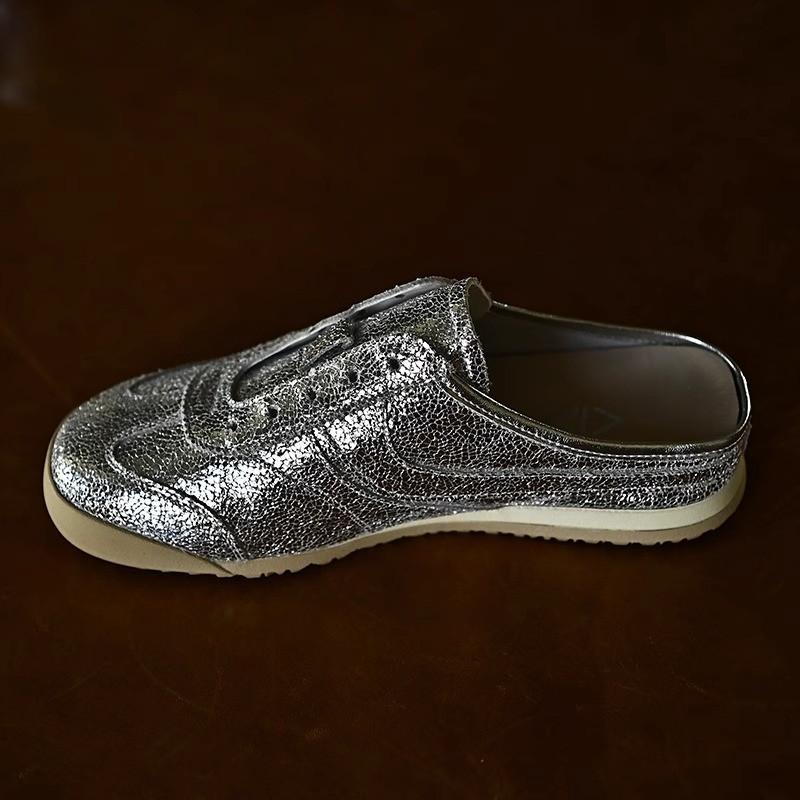 

Fashion Soft-soled Soft Leather Semi-slippers Women s New Summer Wear Wrapped Head Splicing Non-slip Wear-resistant Flat Shoes 40 серебряный