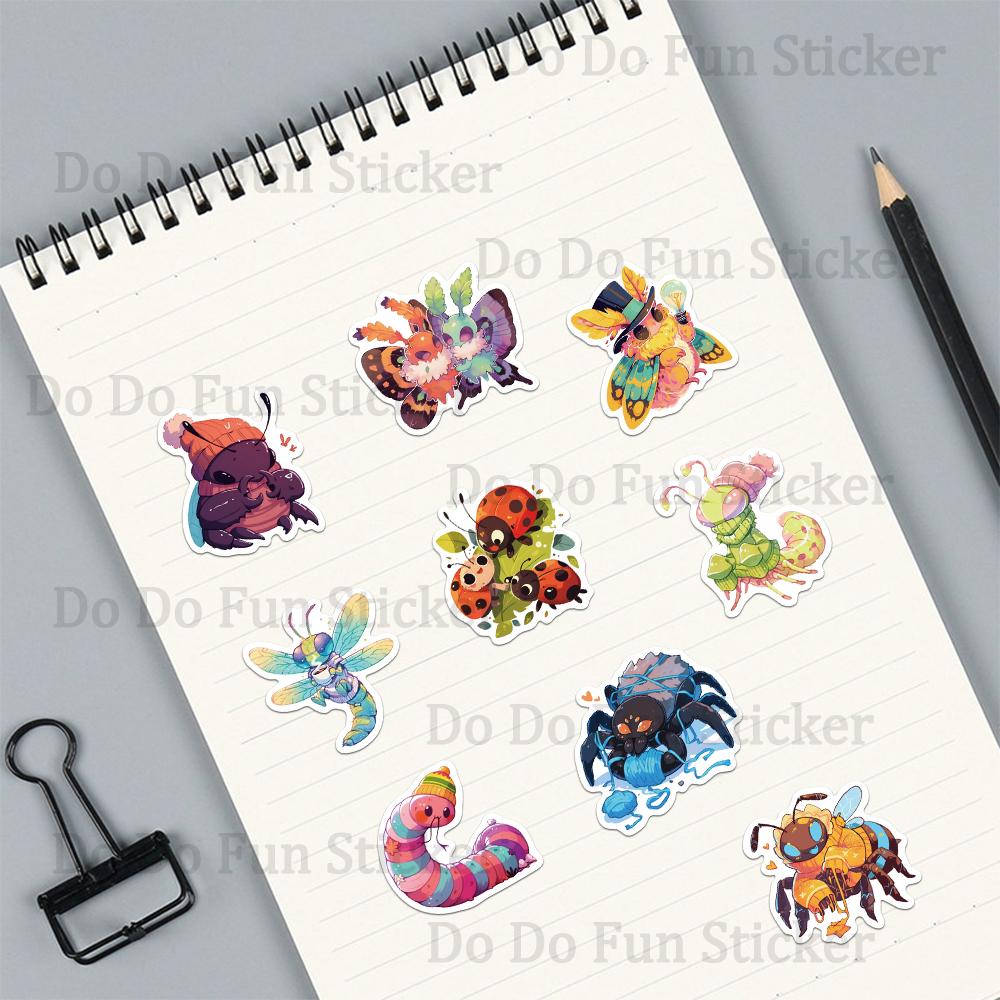 50PCS Cartoon Cute Insect Collection Graffiti Sticker Waterproof PVC Bee Butterfly Moth Caterpillar Spider Mantis Decoration