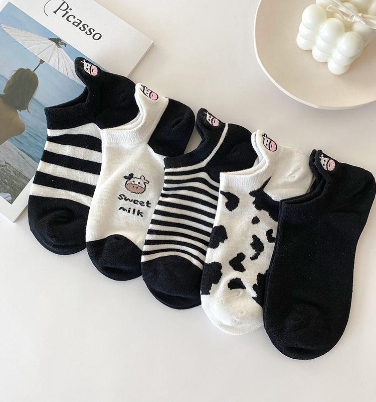 

5 пар забавных носков с принтом коровы, милые модные носки с рисунком, короткие носки для женщин и мужчин One Size