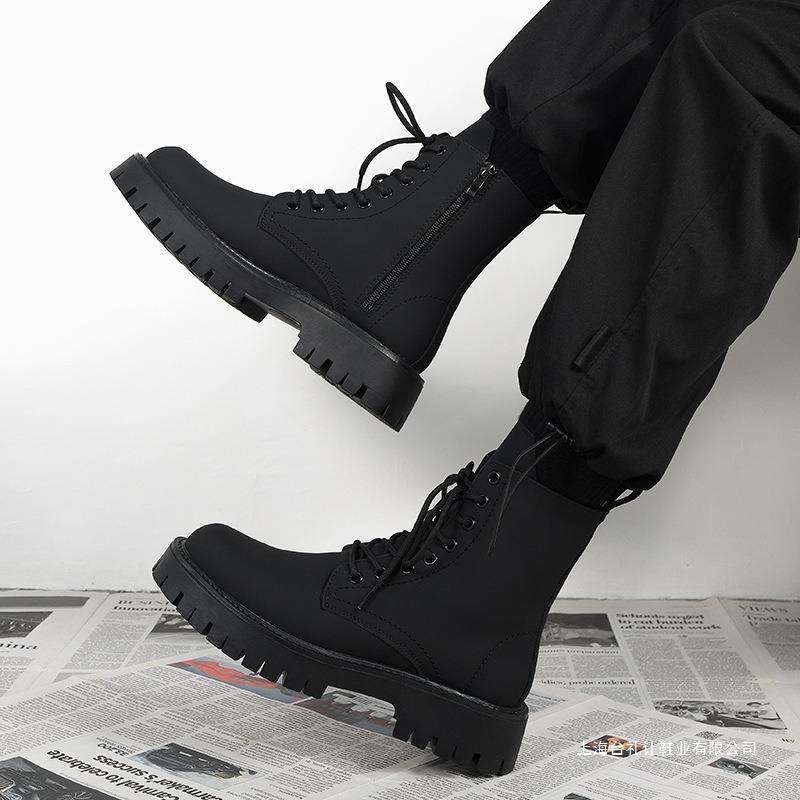 Martin Boots Men's Black High-top Leather Shoes 2 New Medium-top Locomotive Boots Boys Heightening Leather Boots
