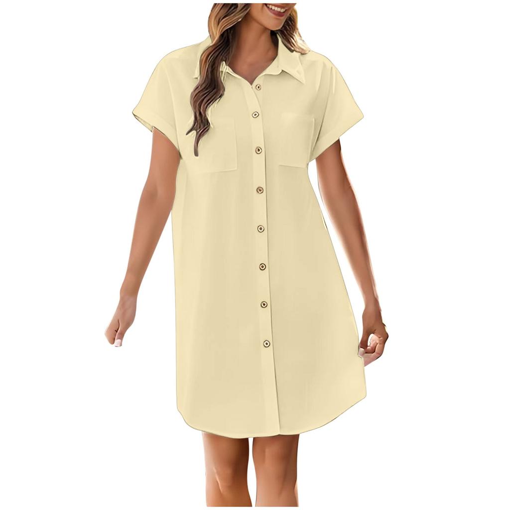 Dame Løs Casual Ensfarget Ståkrage Lomme Knapp Kortermet Kjoleskjorte Kjole