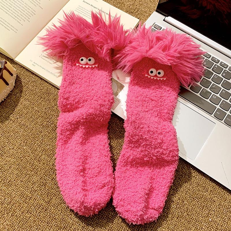 Funny Big Mouth Monster Plush Socks Cartoon Creative Warm Plush Thick Coral Velvet Sleeping Socks Winter Women Socks Gifts