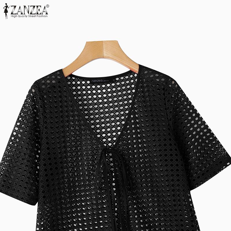 ZANZEA Holiday Beach Hollow Lace Crochet Tie-Front Kimono Cover-Up Cardigans