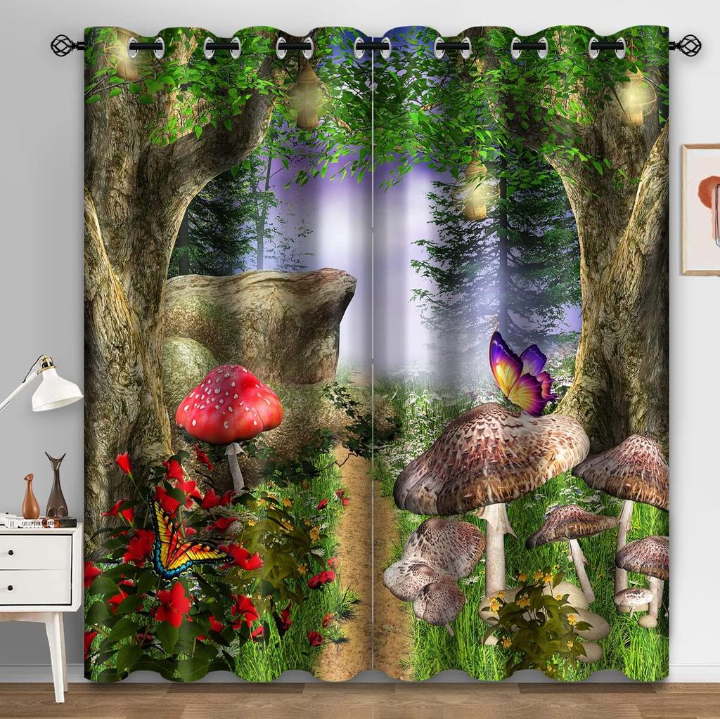 Rain Forest Waterfall Semi-Blackout Curtain Mountain Waterfall Flow Jungle Nature Scenery Print Cortinas for Bedroom Living Room