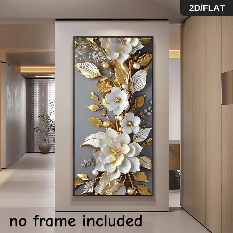 

1 piece of modern luxury canvas painting with gold, white flowers, pearl decoration, frameless hanging painting, living room ent (as the picture,50x100cm No Frame)