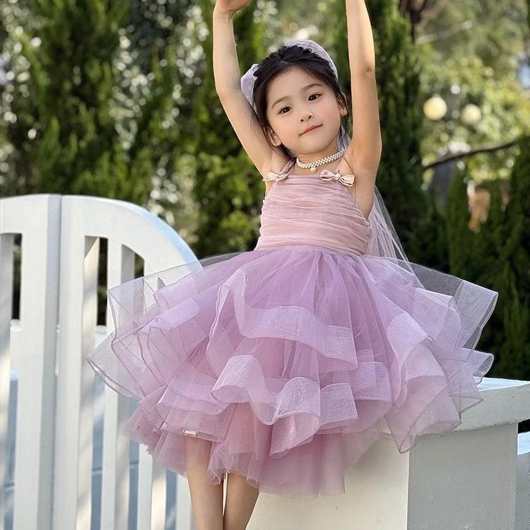 High end girls' dress summer 2026 beautiful children's suspender pink princess dress fluffy veil birthday dress