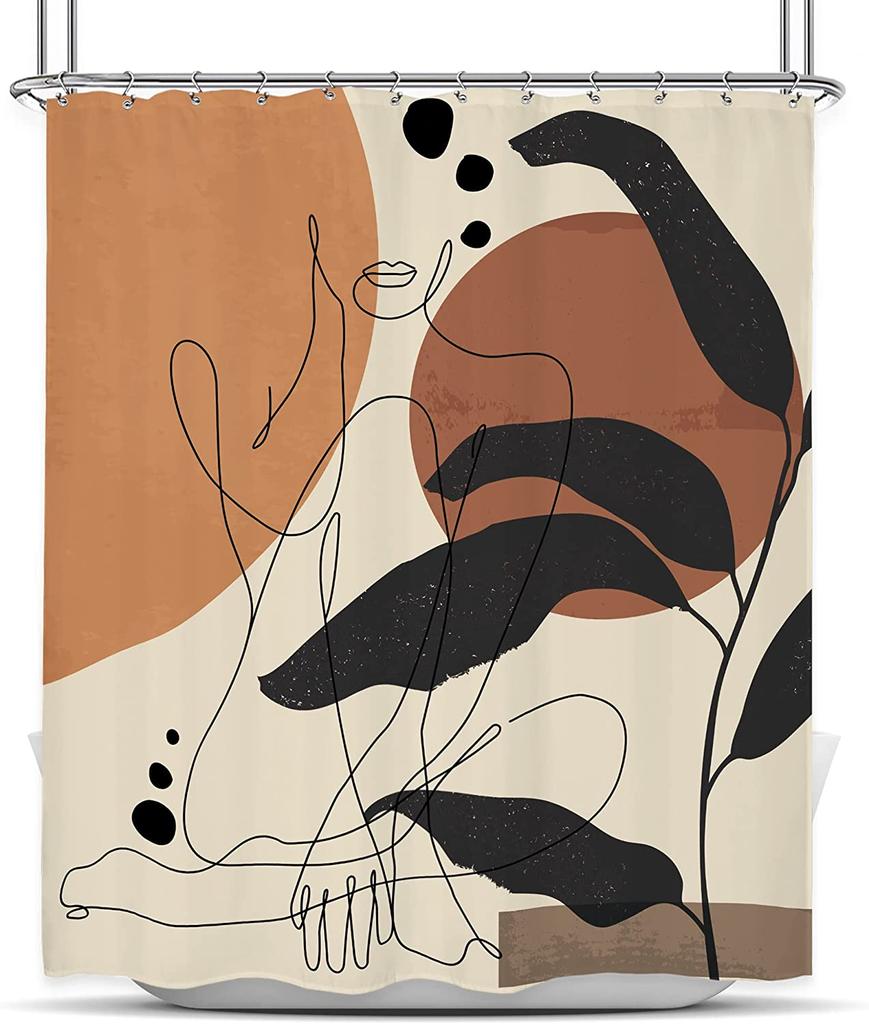 Abstract Woman Shower Curtain Leaves Minimalist Mid Century Contemporary Line Shapes Terracotta Modern Aesthetic Bathtub Decor