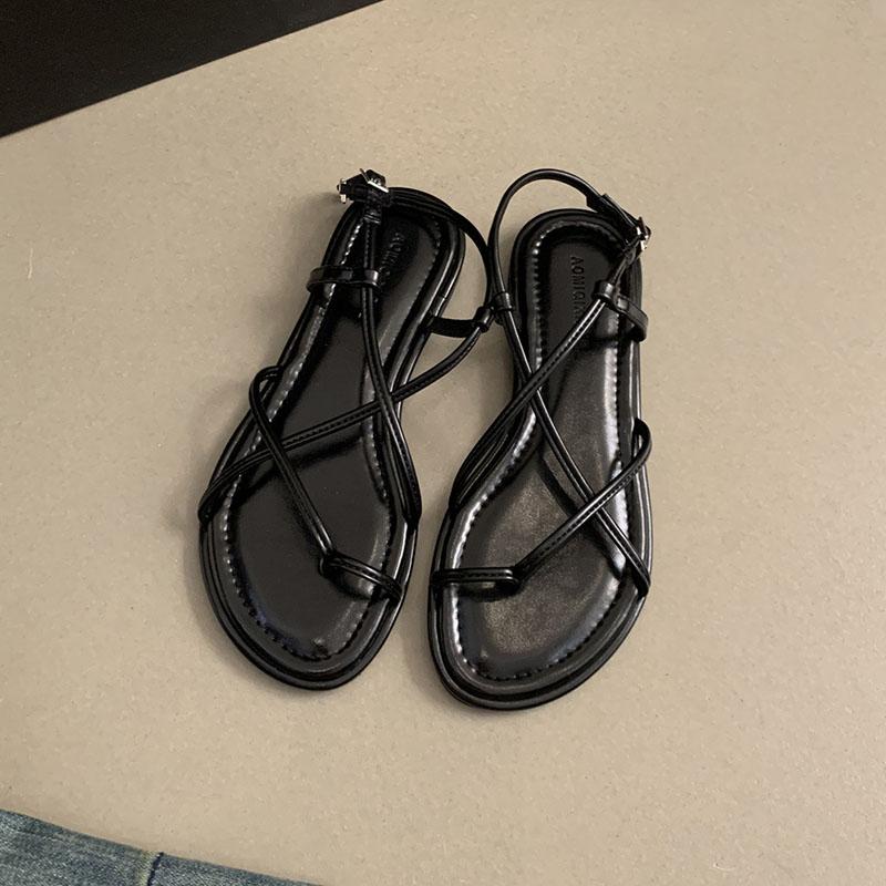 Fashion Women's Summer New Flat Bottom Sandals Casual Clip Toe Strappy Soft Sole Roman Shoes Solid Color Cross Strap Beach Sandales